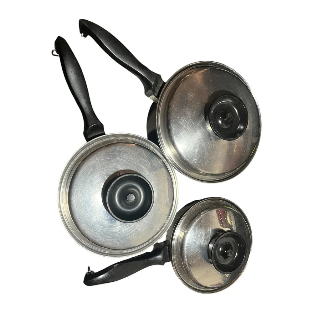 Vtg Chef's Ware Multi-Ply Stainless Steel Cookware Set 5 Pots Pans w/3 Lids lot